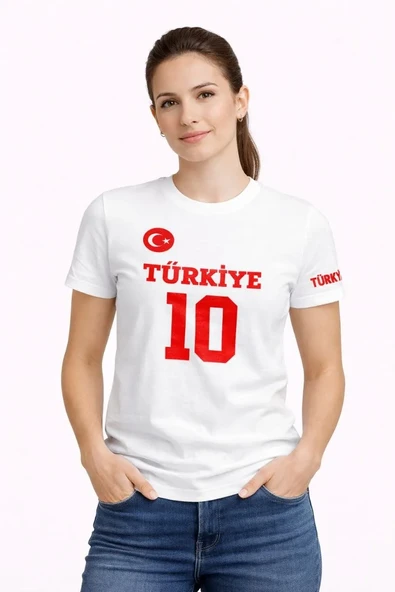 Kadın Türkiye Ay Yıldız Baskılı 10 Numara Forma Tişört Taraftar T-shirt - Beyaz ürün görseli 1