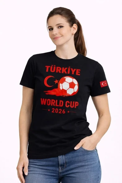 Kadın Türkiye World Cup 2026 Baskılı Tişört Futbol Temalı Forma T-shirt - Siyah ürün görseli 1