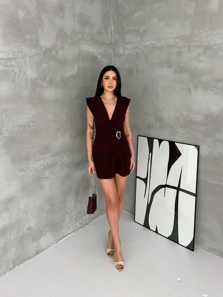 Kadın Kruvaze Drapeli Tokalı Mini Elbise Şık Gece Davet Abiye - Kahverengi ürün görseli 1