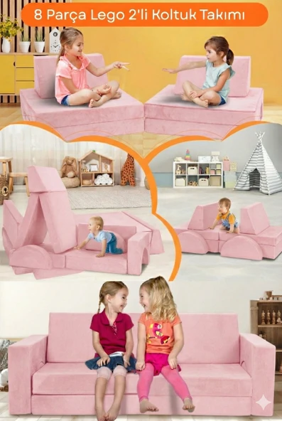 YATELLA 8 Parça Lego Modüler Bebek ve Çocuk Odası Koltuğu Koltuk Takımı - PEMBE ürün görseli 1