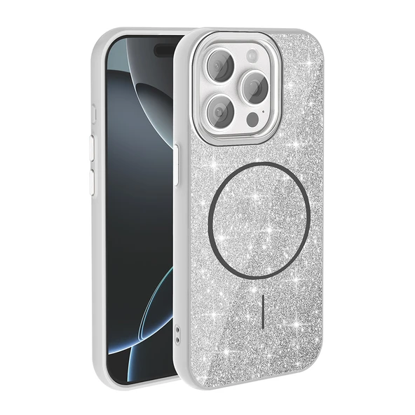 Apple iPhone 15 Pro Kılıf M-safe Şarj Özellikli Parlayan Simli Zore Okso Kapak ürün görseli 1