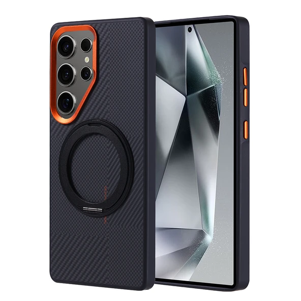 Galaxy S25 Ultra Kılıf M-safe Şarj Özellikli Karbon Fiber Görünümlü Zore Standlı Troy Kapak ürün görseli 1