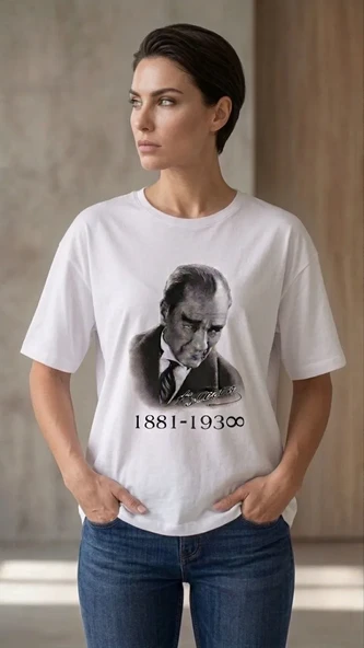 Kadın Atatürk Baskılı Tişört Kısa Kollu Bisiklet Yaka T-shirt - Beyaz ürün görseli 1