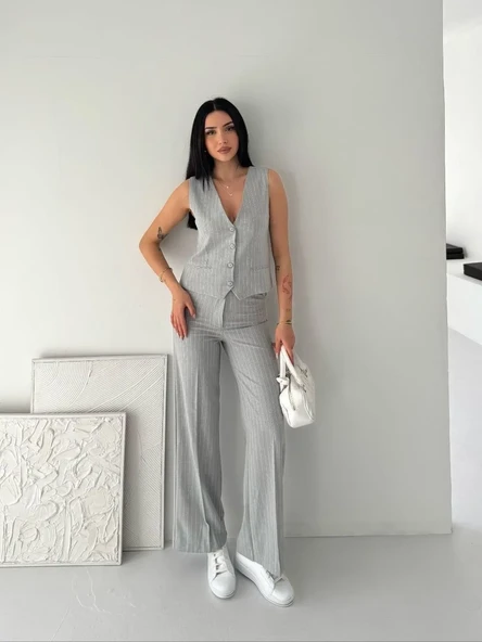 Kadın Çizgili Tansel Kumaş Yelek Pantolon İkili Takım Ofis Şık Modern - Gri ürün görseli 1