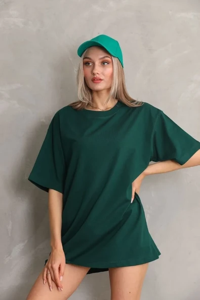 Kadın Regular Fit Tişört Bisiklet Yaka Yazlık Kısa Kol Basıc T-shirt - Yeşil ürün görseli 1