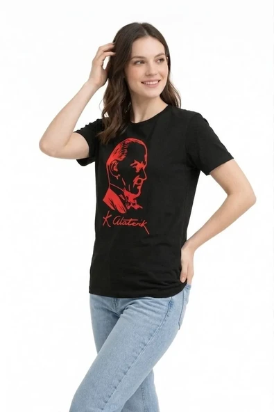 Kadın Atatürk Baskılı Tişört Kısa Kollu Bisiklet Yaka T-shirt - Siyah ürün görseli 1