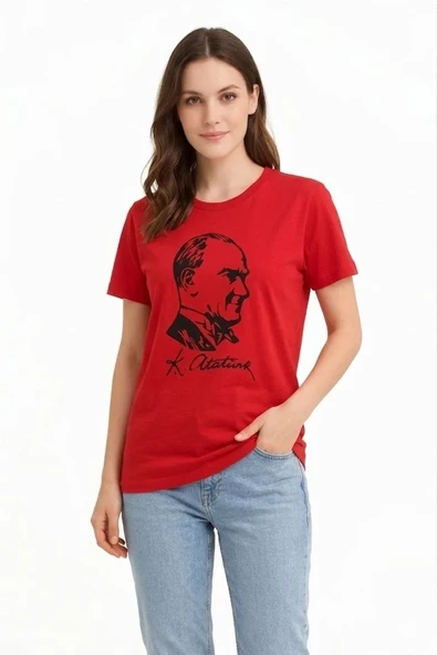Kadın Atatürk Baskılı Tişört Kısa Kollu Bisiklet Yaka T-shirt - Kırmızı ürün görseli 1