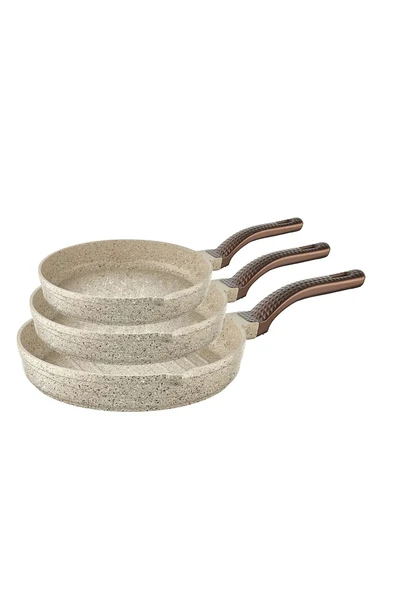 Oms 3738 Biogranit Döküm Grill Ergonomik Saplı 3 Parça Tava Seti Kum Beji 20-24-28cm ürün görseli 1