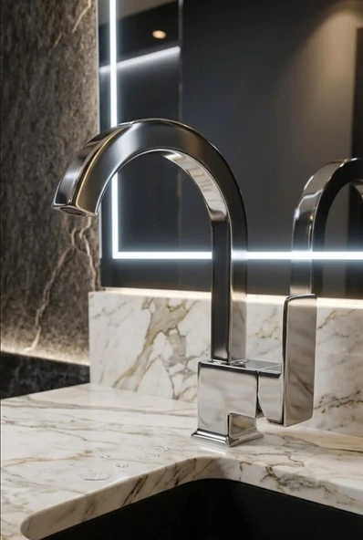 Kare Krom Lavabo Bataryası  Tek Kollu Aç Kapa Musluk Modern Lüks Tasarım  Profil Paslanmaz ürün görseli 1