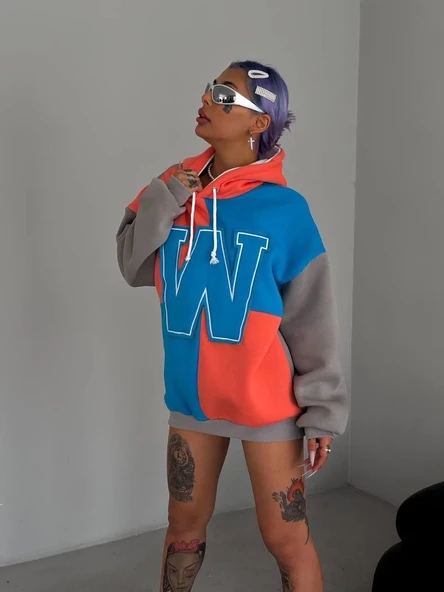 Kadın W Nakış İşlemeli Kapüşonlu Sweatshirt - Mavi - Resim 2