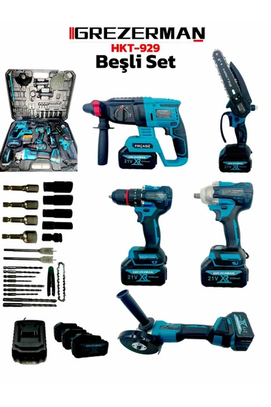 GREZERMAN Profesyonel Akülü 5'li Set Matkap & Spiral & Hilti & Torklu & Testere Full Setli ürün görseli 1