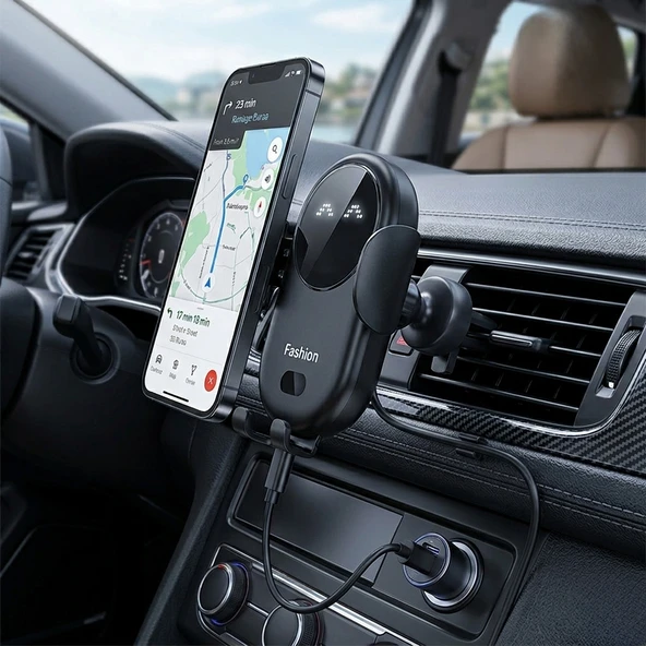 Mega Oto Market Premium Siyah Kablosuz Araç Telefon Tutucu 15W Hızlı Şarj Otomatik Açılır Sensörlü S11 ürün görseli 1
