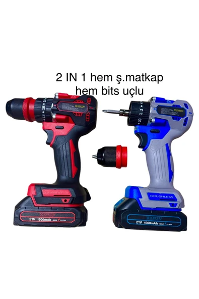 haktaş 2 in1 Akülü Şarjlı Matkap Bits Uçlu ve Mandren Başlıklı İki Fonksiyon Bir Arada Kırmızı ve Mavi Renk ürün görseli 1