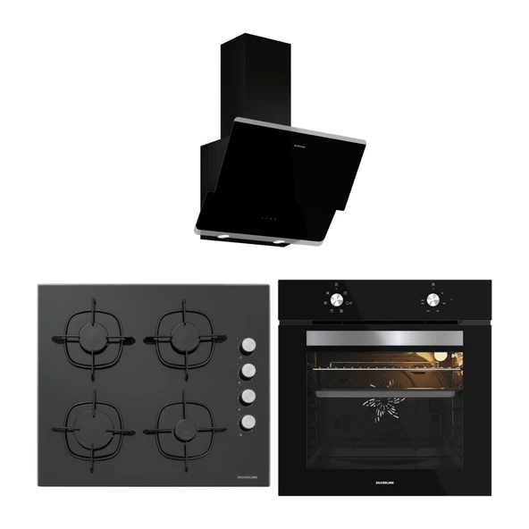 Silverline Siyah Cam Ankastre Set (3490 Oslo Davlumbaz - CS5335B02 Ocak - BO65E1B01 Fırın) ürün görseli 1