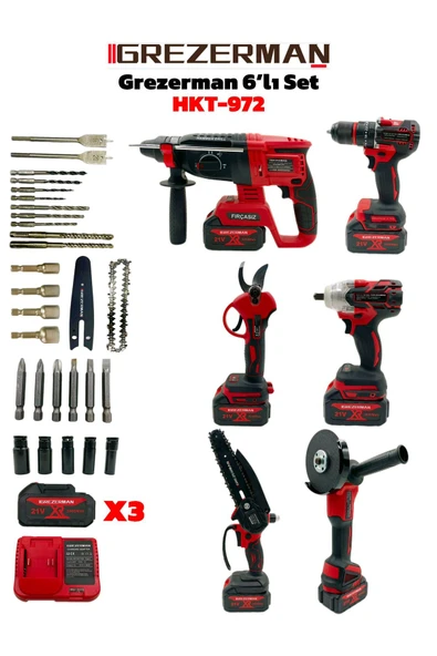 GREZERMAN Kırmızı 6'lı Set Kömürsüz Bakır Sargı Şarjlı Matkap, Hilti, Budama Testere, Makas, Taşlama ürün görseli 1