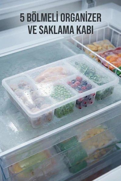 5 Bölmeli Şeffaf Buzdolabı İçi Düzenleyici & Kapaklı Dondurucu Saklama Kabı (24x38 cm) ürün görseli 1