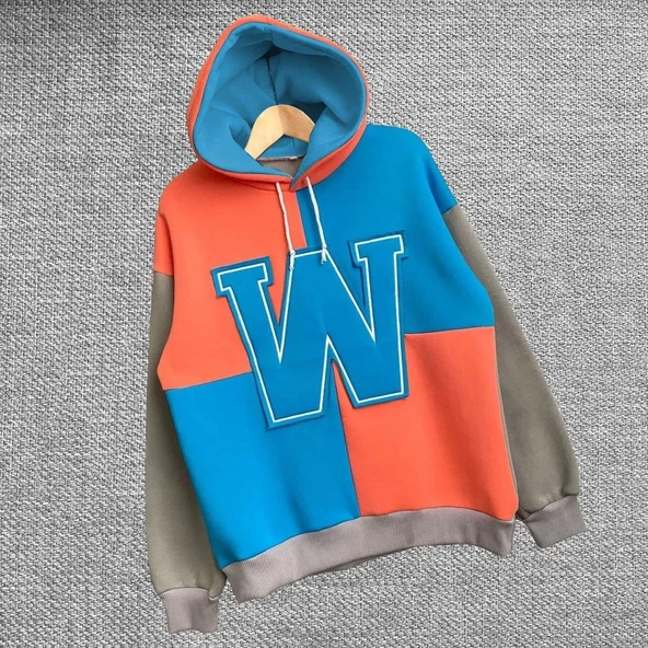 Kadın W Nakış İşlemeli Kapüşonlu Sweatshirt - Mavi - Resim 5