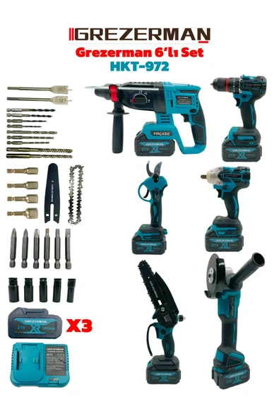 GREZERMAN 6'lı Set Kömürsüz Bakır Sargı Şarjlı Matkap - Hilti - Budama Testere - Makas - Taşlama ürün görseli 1