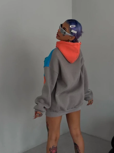 Kadın W Nakış İşlemeli Kapüşonlu Sweatshirt - Mavi - Resim 3