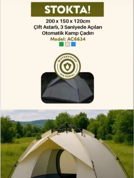 Auhma AC6634 3 Saniyede Açılan Otomatik Kamp Çadırı - 200X150X120 cm Çift Astarlı ve Su Geçirmez Çadır ürün görseli 1