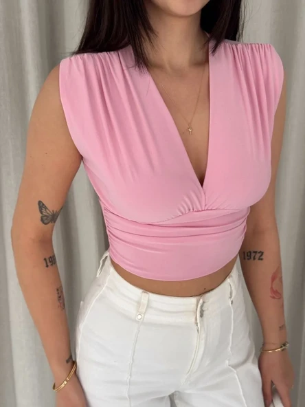 Kadın Vatkalı Kolsuz V Yaka Drapeli Crop Bluz Likralı Fit - Pembe ürün görseli 1