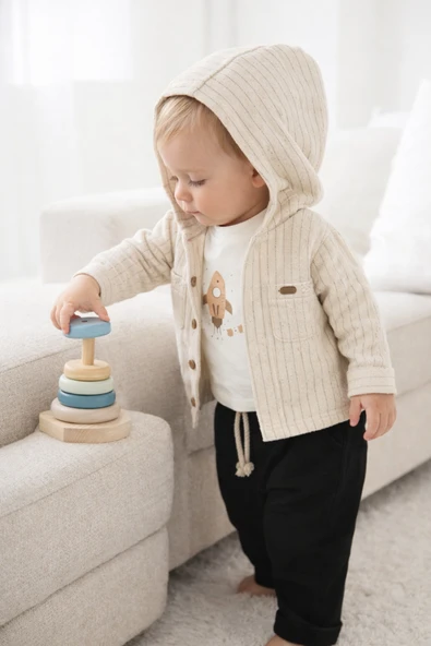Erkek Bebek Bayramlık Takım Roket Baskılı Kapüşonlu Üçlü Set 2217 ürün görseli 1