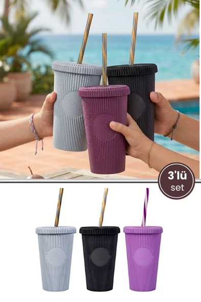 3 Adet Pipetli Kapaklı Opak Bardak 660 ml, Smoothie Meşrubat İçecek Bardağı Mor-Gri-Siyah 3’lü Set ürün görseli 1