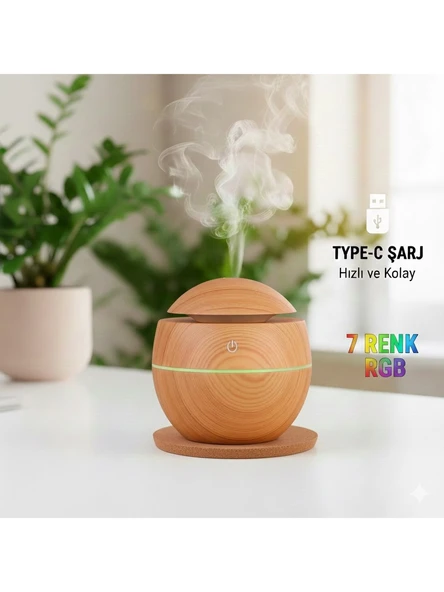 Oval 200ml Hava Nemlendirici - 7 Renk RGB Işıklı Difüzör - Type-C Girişli Aromaterapi AÇIK KAHVE ürün görseli 1