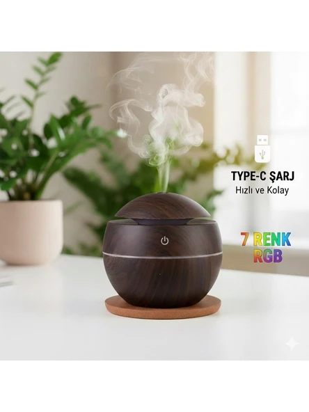 Oval 200ml Hava Nemlendirici - 7 Renk RGB Işıklı Difüzör - Type-C Girişli Aromaterapi (Regular) Koyu Kahve Rengi ürün görseli 1