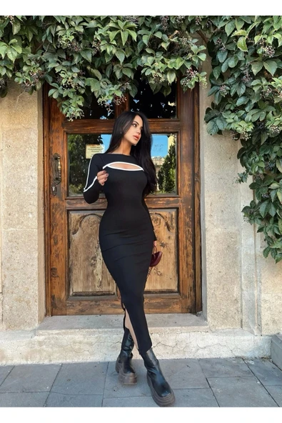 Siyah Yaka Pencereli Uzun Kaşkorse Elbise ürün görseli 1