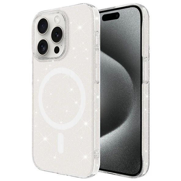 iPhone 15 Pro Kılıf Zore M-safe Şarj Özellikli Simli Şeffaf Arka Yüzey Erdos Silikon Kapak ürün görseli 1