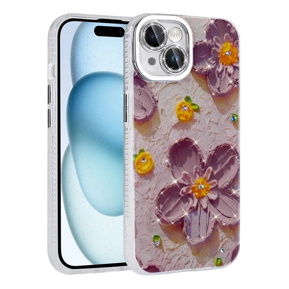 Apple iPhone 14 Kılıf Çiçek Desenli Parlak Taşlı Sert Silikon Zore Garden Kapak ürün görseli 1