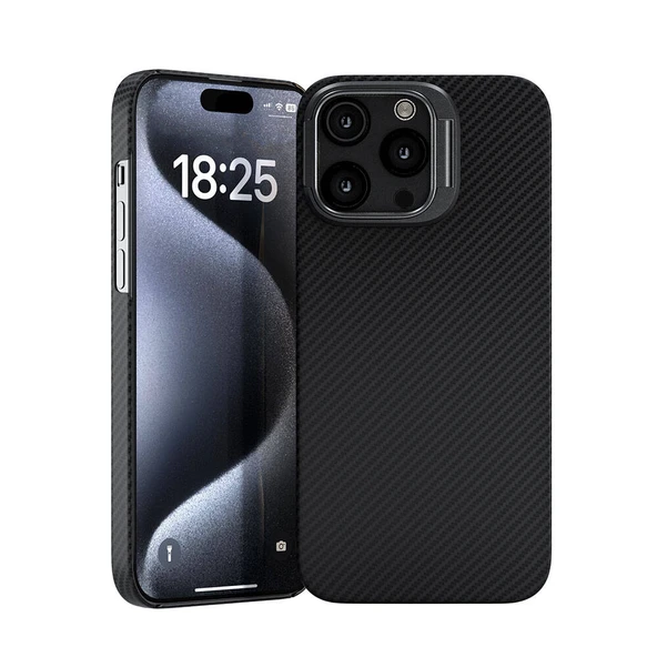 Apple iPhone 15 Pro Kılıf M-safe Şarj Özellikli 600D Zore Krek Karbon Standlı Kapak ürün görseli 1