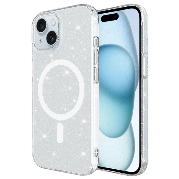 iPhone 15 Kılıf Zore M-safe Şarj Özellikli Simli Şeffaf Arka Yüzey Erdos Silikon Kapak ürün görseli 1