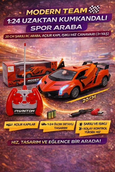 Şarjlı Uzaktan Kumandalı 20 cm Spor Araba Modern Team RC Yarış Arabası Açılır Kapı ürün görseli 1