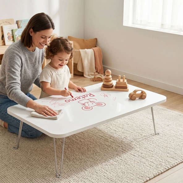 Montessori Aktivite Masası 90x50 cm Katlanır Ayaklı Çocuk Oyun, Yemek ve Etkinlik Masası ürün görseli 1