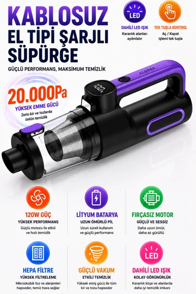 Auhma AHV-43 Şarjlı El Süpürgesi - 20.000 Pa Yüksek Emiş Gücü, 120W ürün görseli 1