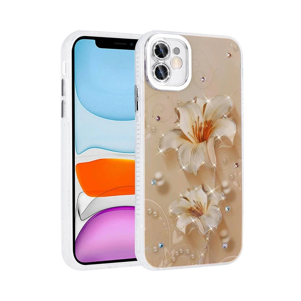 Apple iPhone 11 Kılıf Çiçek Desenli Parlak Taşlı Sert Silikon Zore Garden Kapak ürün görseli 1
