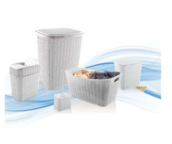 5 Parça Örgü Desenli Plastik Banyo Seti Çamaşır Sepeti Deterjanlık Çöp Kovası Klozet Fırçası - Gri ürün görseli 1
