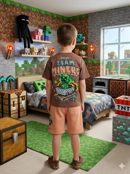 Cg Kids Minecraft Erkek Çocuk Tshirt&Şort Alt Üst Takım Süper Kalite Sırt Baskı Detay ürün görseli 1