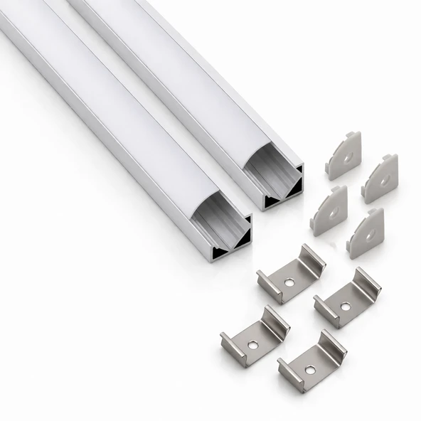 2'li Set Köşe LED Profil Kanal 18x18mm Alüminyum 1 Metre Sıva Üstü Eloksallı Şerit LED Kanalı Opak Kapaklı Tutuculu 8987 ürün görseli 1