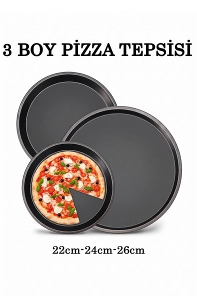 Teflon 3 Boy Pizza Tepsisi Tavası Seti 22cm-24cm-26cm ürün görseli 1