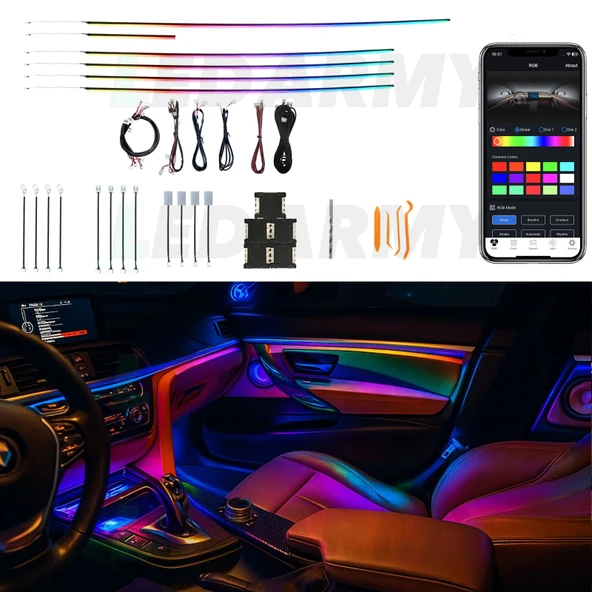 LED araba İçi Ambiyans Seti RGB 64 Renk Bluetooth Destekli Ses Duyarlı Evrensel araç İç Ortam Aydınlatma (Komple Set) ürün görseli 1