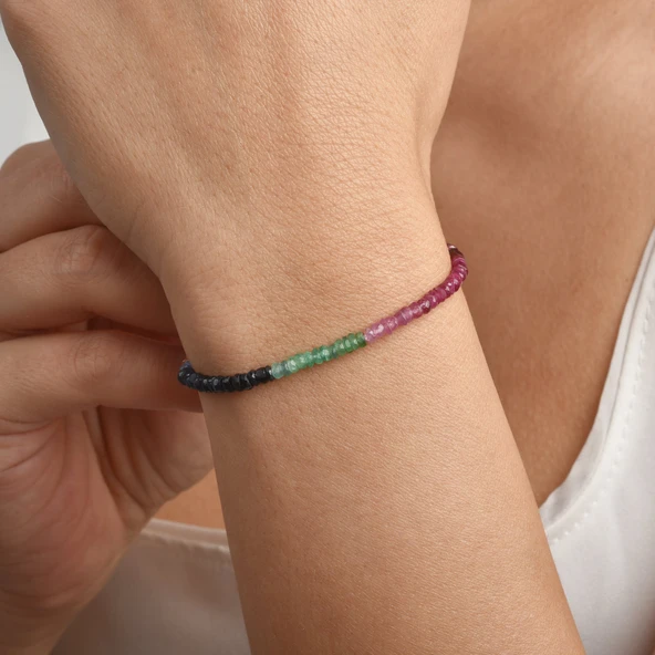 14K Altın Kaplama Gümüş Doğal Multi Safir Fasetli Taşlı Renk Geçişli Gümüş Bileklik- BGS00110 ürün görseli 1
