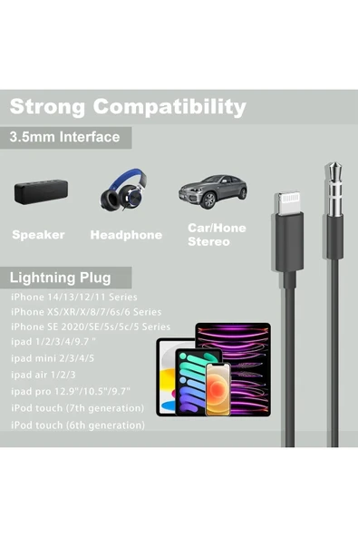 iPhone 6S/7/8 Plus/XS/11/12/13 Mini/14 Pro Max Uyumlu Aux Kablosu Lightning To 3.5mm Jack Çevirici ürün görseli 1