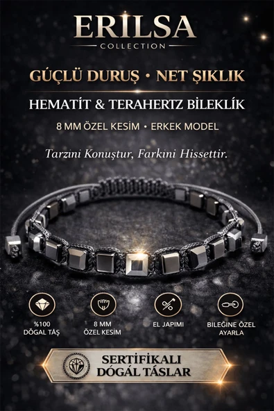 Sertifikalı Hematit Terahertz Bileklik - 8 MM Doğal Taş Unisex Ayarlanabilir Model ürün görseli 1