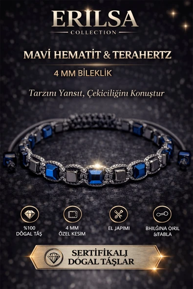 Sertifikalı Mavi Hematit Terahertz Bileklik - 4 MM Doğal Taş Unisex Ayarlanabilir ürün görseli 1