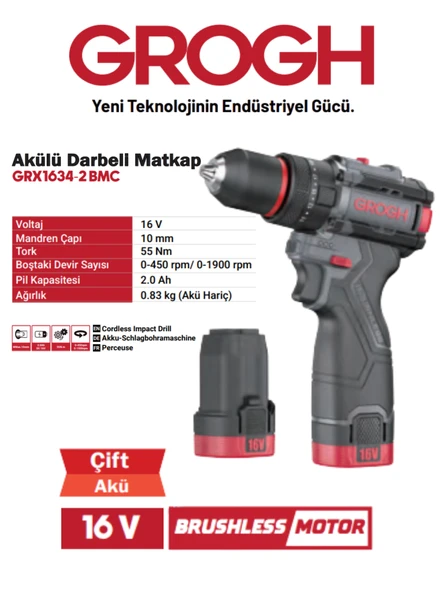 Akülü Şarjlı Matkap 16V 2Ah Darbeli Delme Vidalama Matkap(BRUSHLESS MOTOR)(GRX1634-2 BMC) Siyah Gri DARBELİ 1 SET ürün görseli 1
