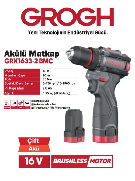 Akülü Şarjlı Matkap 16V 2Ah Delme Vidalama Matkap(BRUSHLESS MOTOR)(GRX1634-2 BMC) Siyah Gri DARBESİZ 1 SET ürün görseli 1