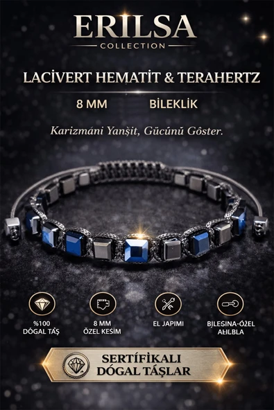 Sertifikalı Lacivert Hematit Terahertz Bileklik - 8 MM Doğal Taş Unisex Ayarlanabilir ürün görseli 1